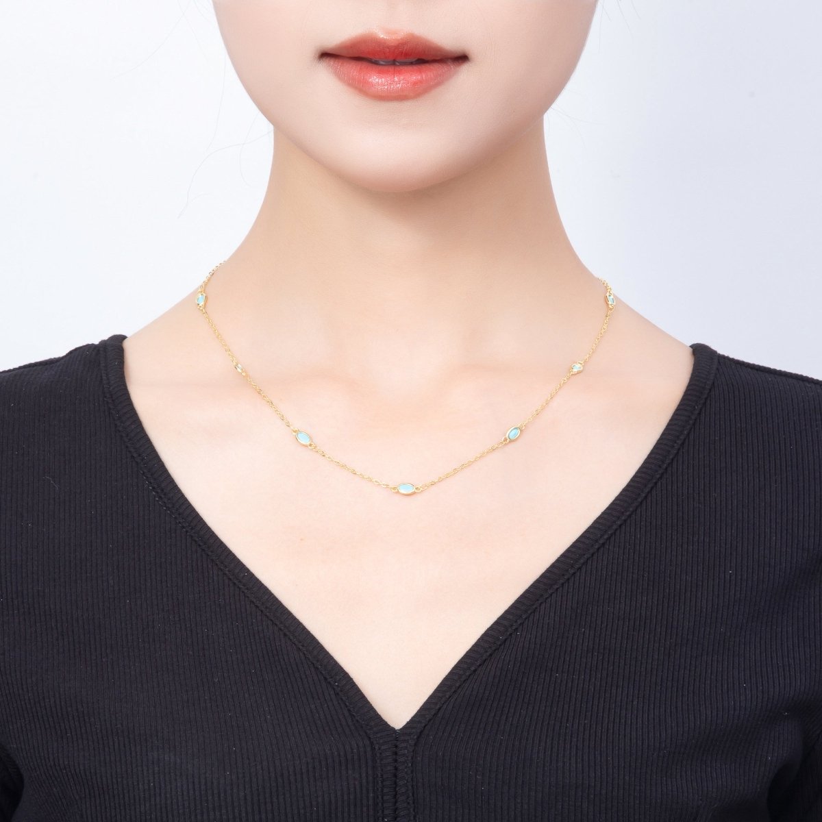 18K Gold Filled 2mm Turquoise Oval Bezel Gemstone Cable Chain 18.5 Inch Necklace | WA-00284 - DLUXCA