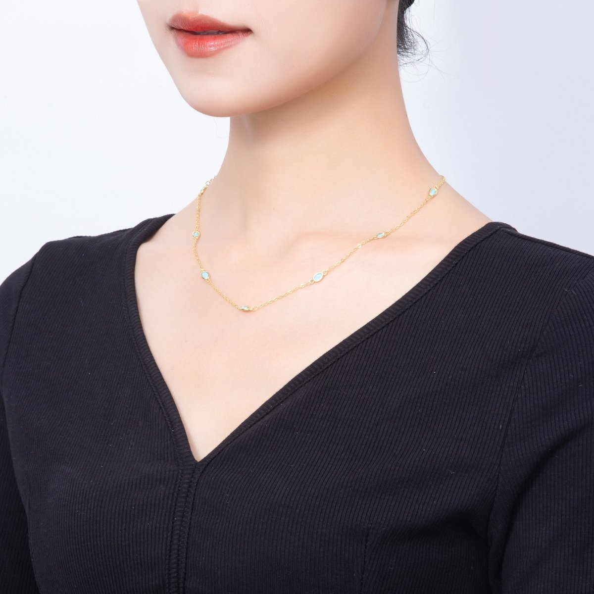 18K Gold Filled 2mm Turquoise Oval Bezel Gemstone Cable Chain 18.5 Inch Necklace | WA-00284 - DLUXCA