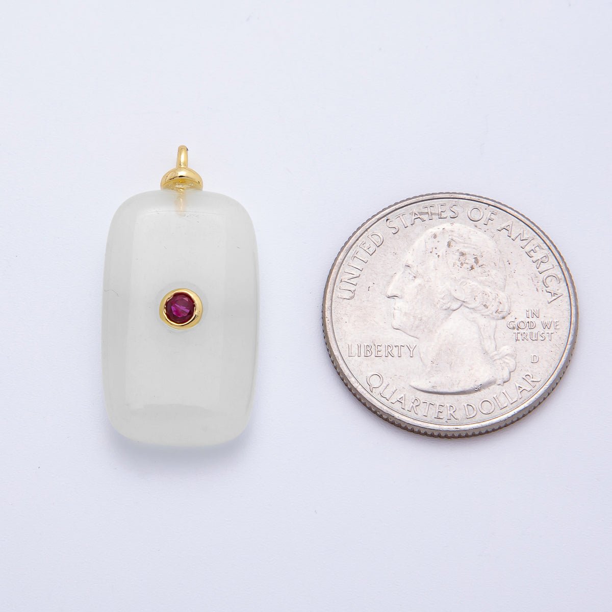 18K Gold Filled 30mm Embedded Fuchsia CZ White Agate Rectangle Gemstone Charm | Charms - 00255 - DLUXCA