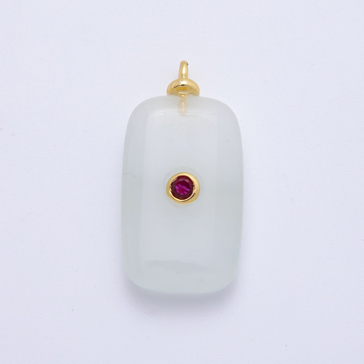 18K Gold Filled 30mm Fuchsia CZ Round Centrist Rectangle Tian Shan Jade Gemstone Drop Charm | AF1332 - DLUXCA