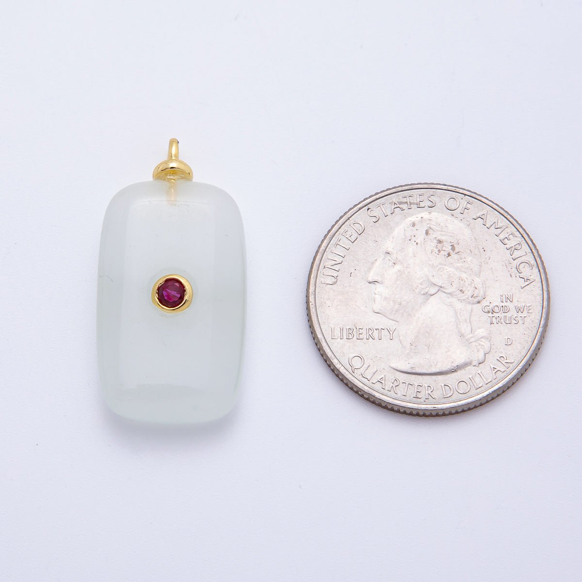 18K Gold Filled 30mm Fuchsia CZ Round Centrist Rectangle Tian Shan Jade Gemstone Drop Charm | AF1332 - DLUXCA