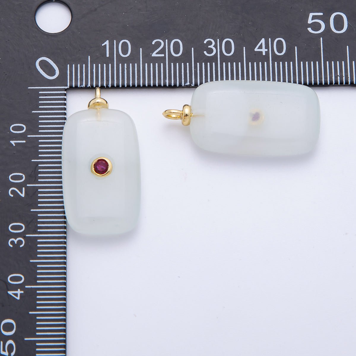 18K Gold Filled 30mm Fuchsia CZ Round Centrist Rectangle Tian Shan Jade Gemstone Drop Charm | AF1332 - DLUXCA