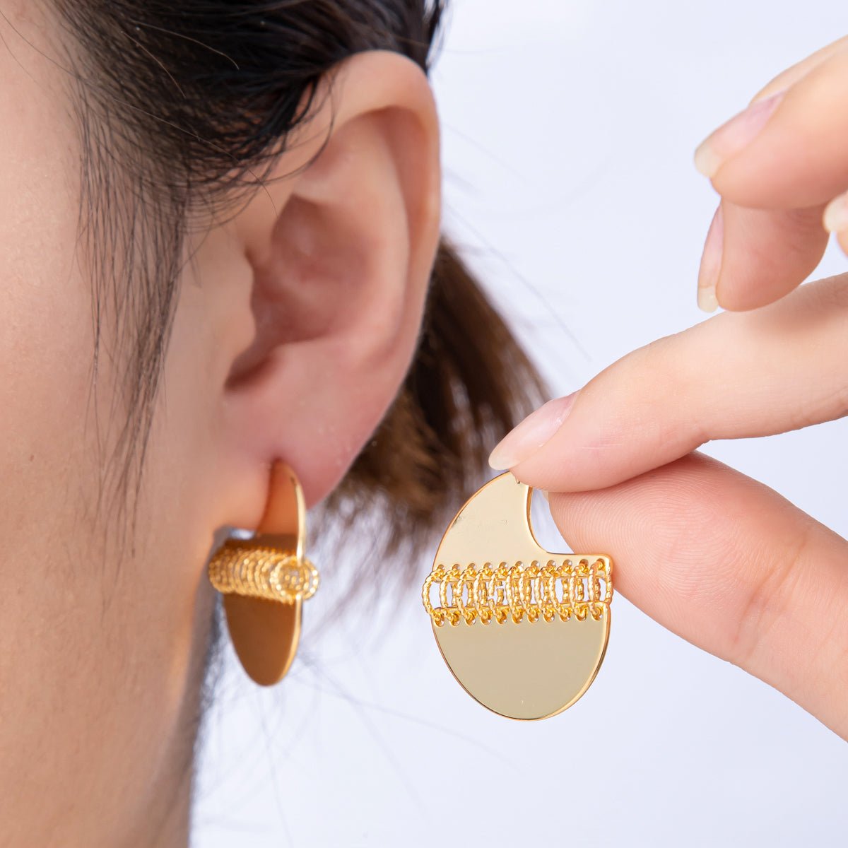 18K Gold Filled 30mm Minimalist C - Shaped Fringe Drop Studs | Earrings - 00195 - DLUXCA