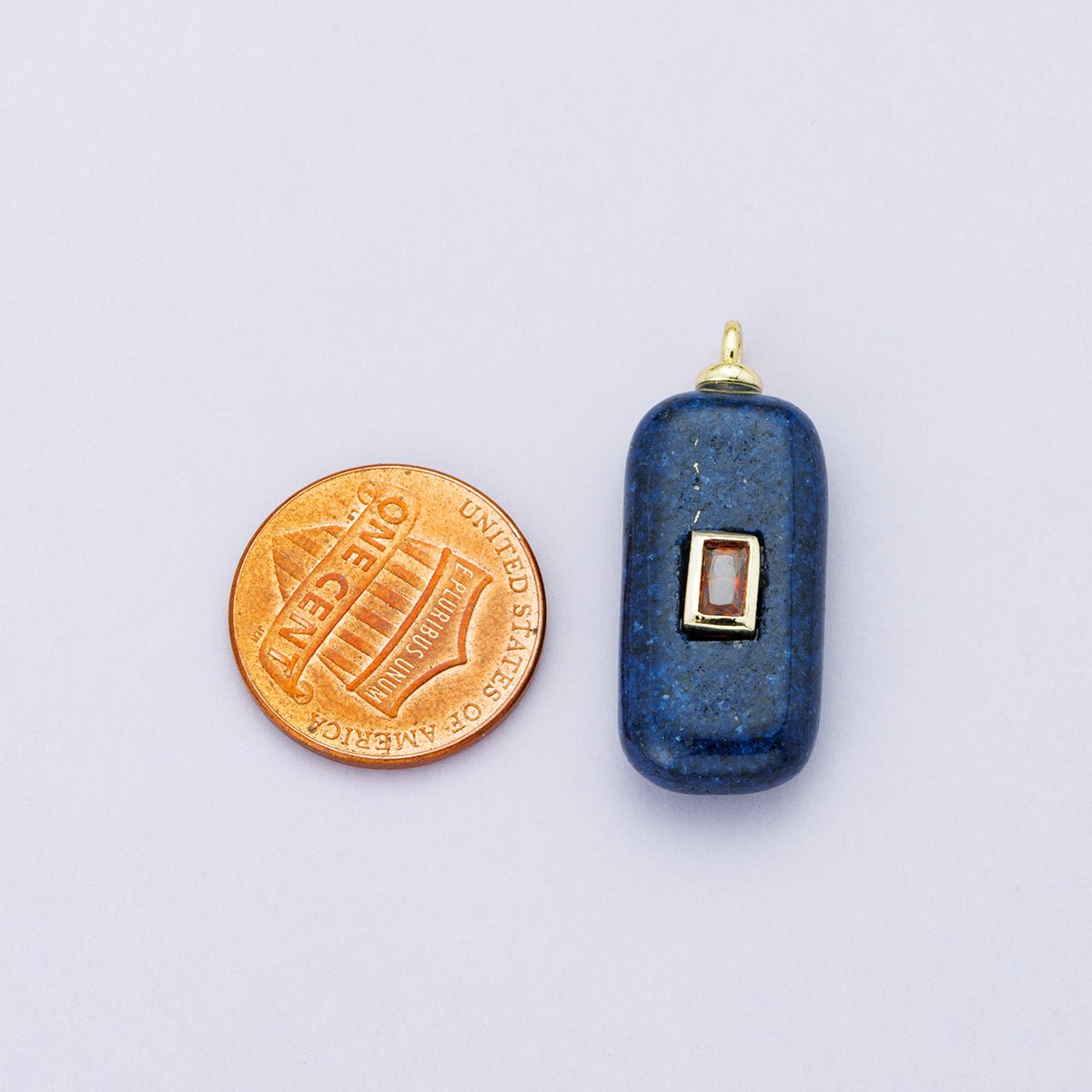18K Gold Filled 30mm Red Baguette CZ Embedded Lapis Lazuli Gemstone Rectangle Charm | Charms - 00428 - DLUXCA