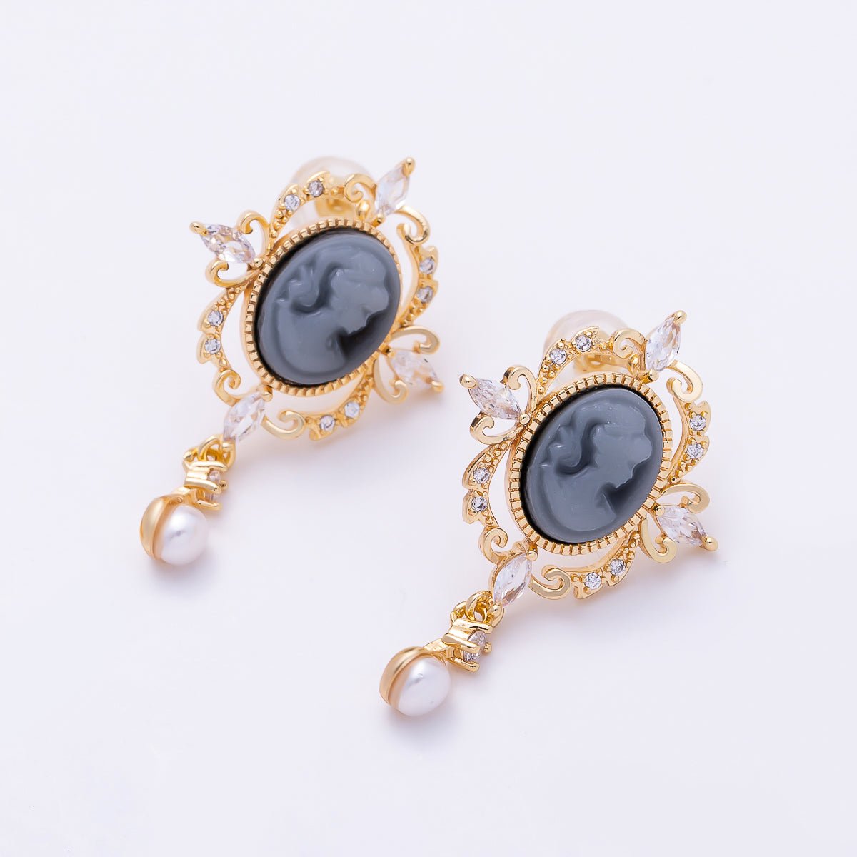 18K Gold Filled 30mm Women Girl Portrait Cameo Oval Artisan Shell Pearl Drop Stud in Gold & Silver | Earrings-00781 Earrings-00782 - DLUXCA