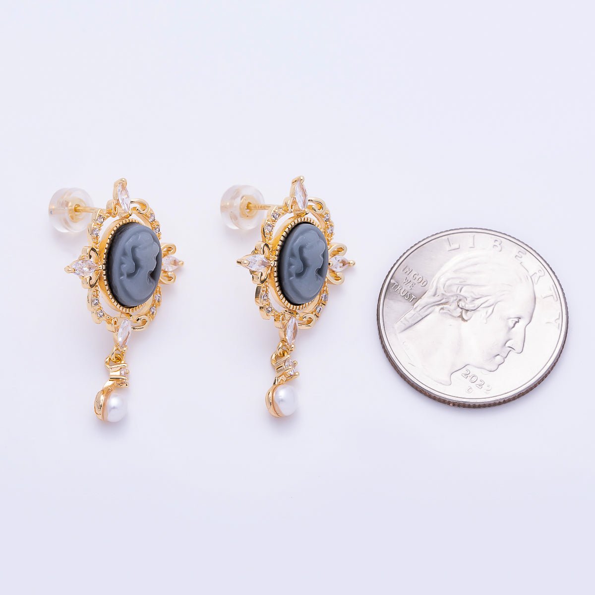 18K Gold Filled 30mm Women Girl Portrait Cameo Oval Artisan Shell Pearl Drop Stud in Gold & Silver | Earrings-00781 Earrings-00782 - DLUXCA