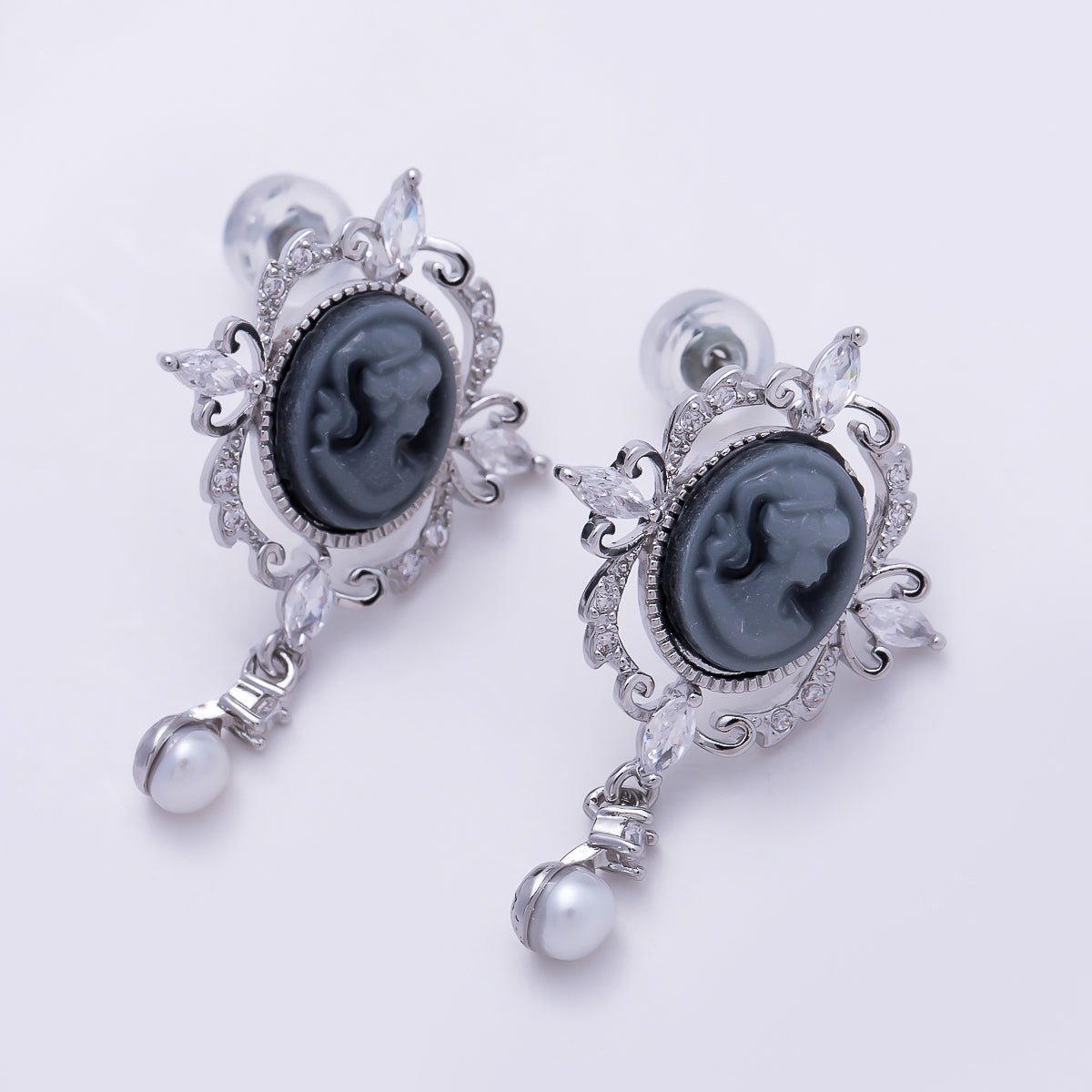 18K Gold Filled 30mm Women Girl Portrait Cameo Oval Artisan Shell Pearl Drop Stud in Gold & Silver | Earrings-00781 Earrings-00782 - DLUXCA