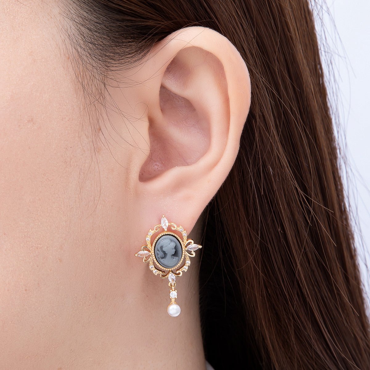 18K Gold Filled 30mm Women Girl Portrait Cameo Oval Artisan Shell Pearl Drop Stud in Gold & Silver | Earrings-00781 Earrings-00782 - DLUXCA