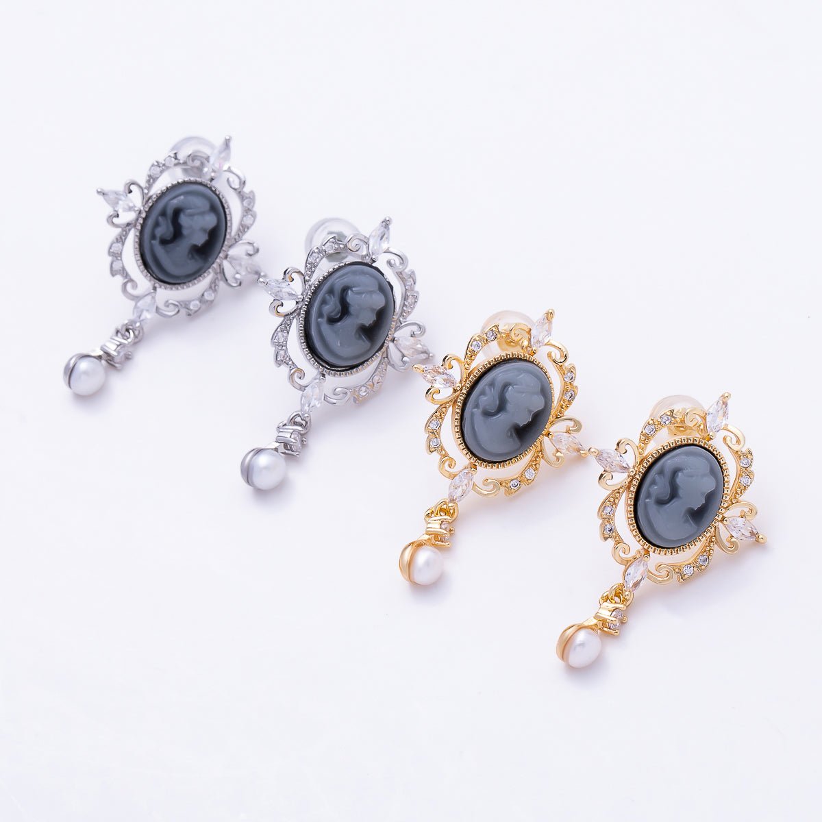 18K Gold Filled 30mm Women Girl Portrait Cameo Oval Artisan Shell Pearl Drop Stud in Gold & Silver | Earrings-00781 Earrings-00782 - DLUXCA