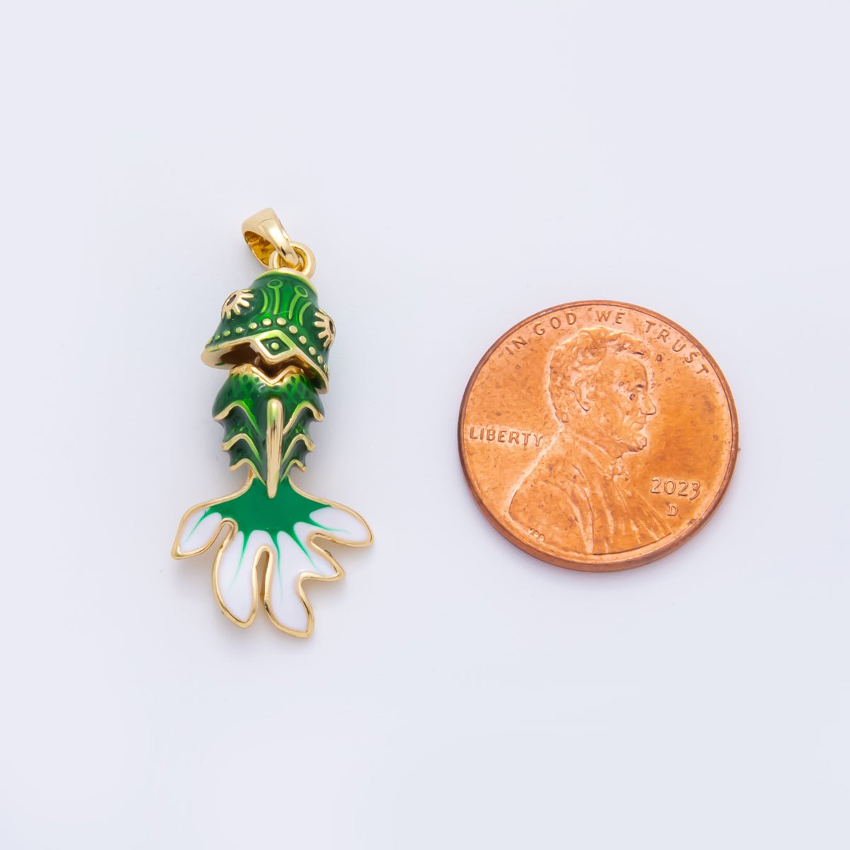 18K Gold Filled 31.5mm Red, Green Enamel Fish 3D Multidimensional Charm | AH815 - DLUXCA