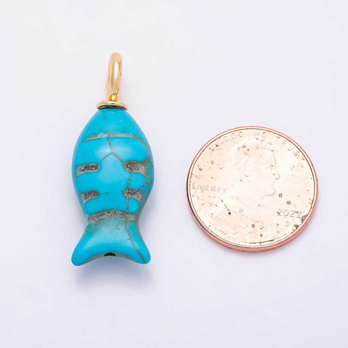 18K Gold Filled 32.5mm Turquoise Fish Gemstone Drop Charm | Charms-01347 - DLUXCA