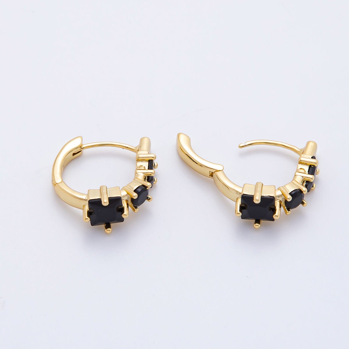 18K Gold Filled 32mm Black CZ Square Cluster Gradient Huggie Hoops Earrings in Gold & Silver | AJ280 AJ281 - DLUXCA