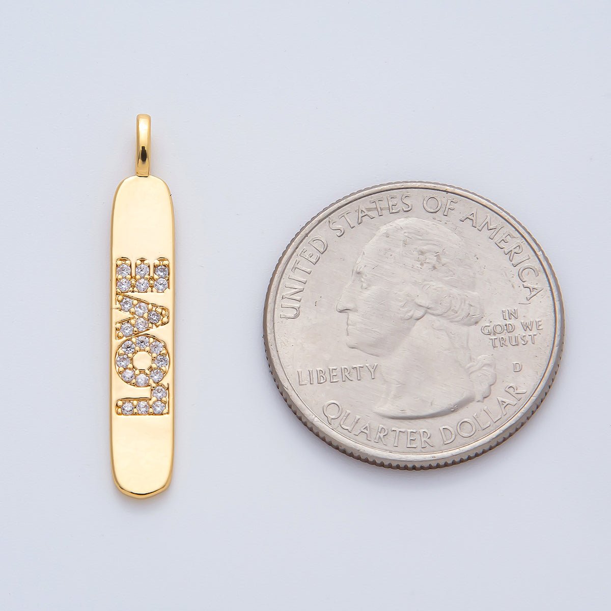 18K Gold Filled 32mm Micro Paved CZ Valentine Love Tag Bar Pendant | AF1185 - DLUXCA