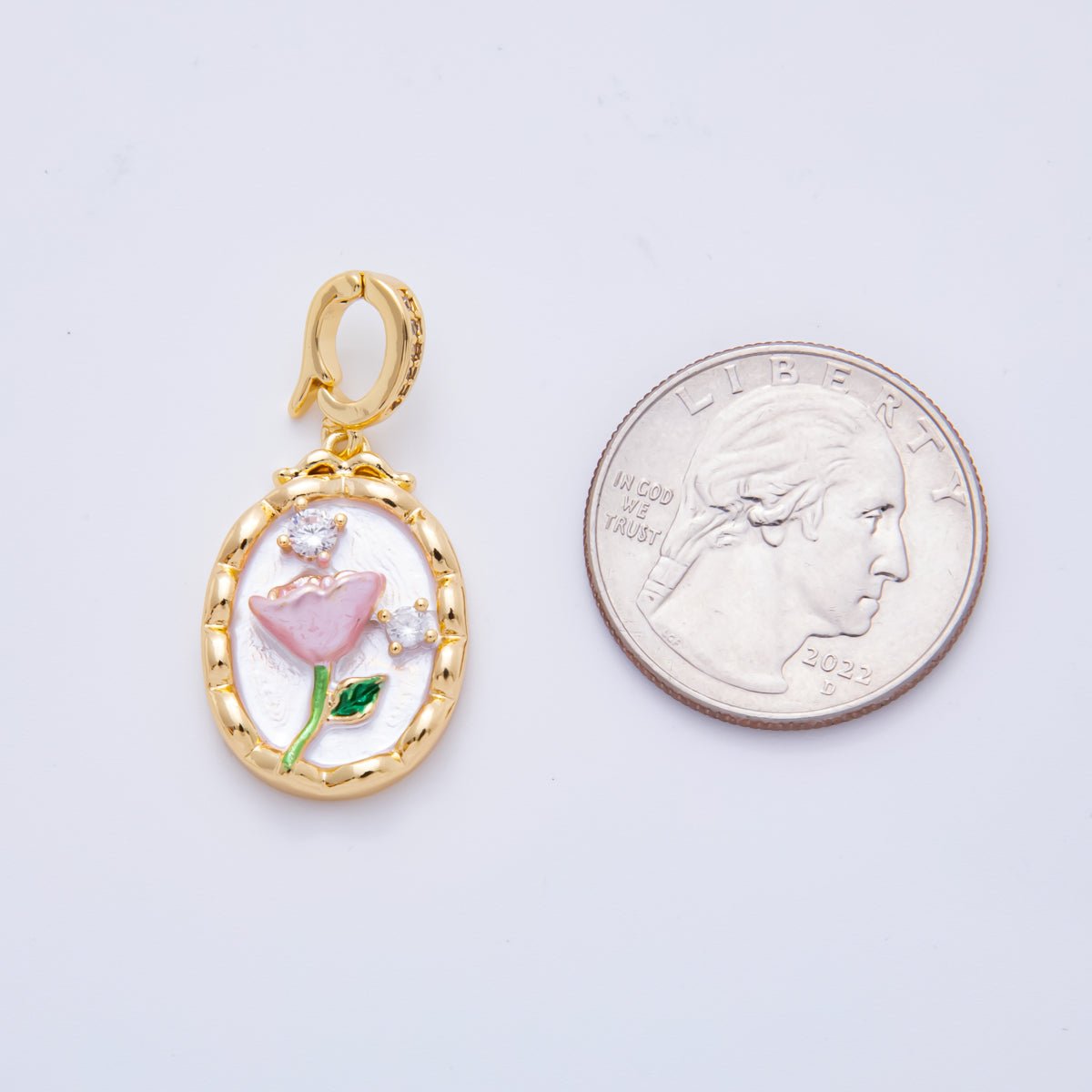 18K Gold Filled 33mm Clear CZ Enamel Art Shell Pearl Pink Tulip Flower Pendant | AH - 818 - DLUXCA