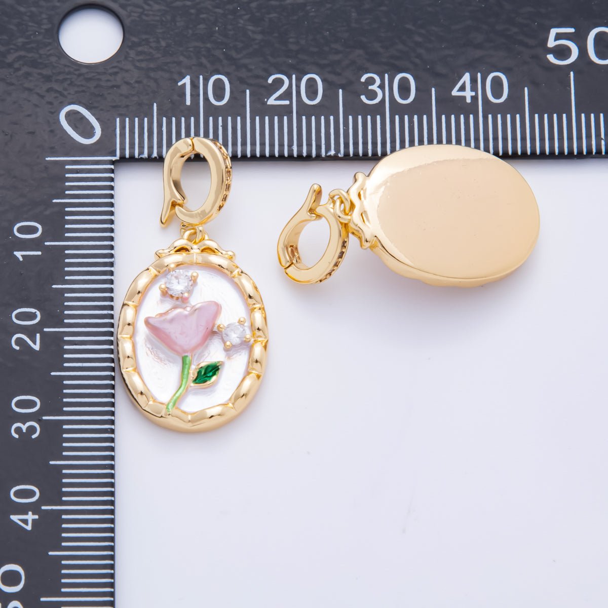 18K Gold Filled 33mm Clear CZ Enamel Art Shell Pearl Pink Tulip Flower Pendant | AH - 818 - DLUXCA