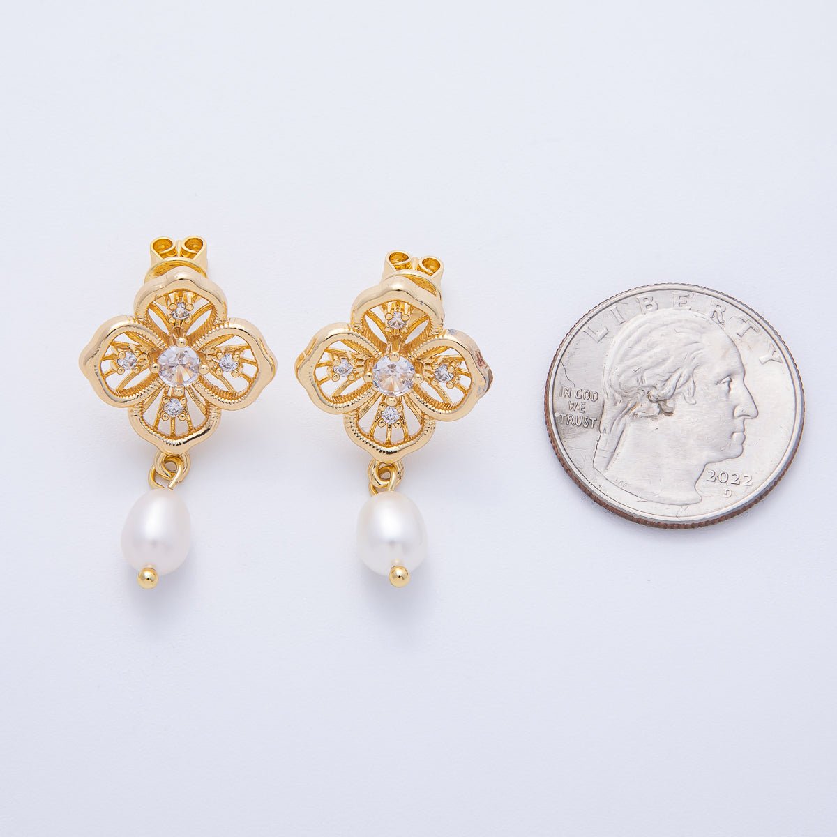 18K Gold Filled 33mm CZ Flower Filigree Shell Pearl Drop Stud Earrings | AE622 - DLUXCA