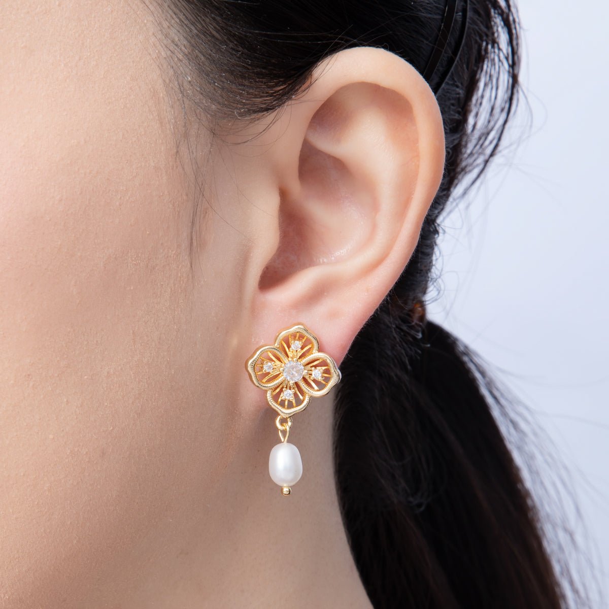 18K Gold Filled 33mm CZ Flower Filigree Shell Pearl Drop Stud Earrings | AE622 - DLUXCA
