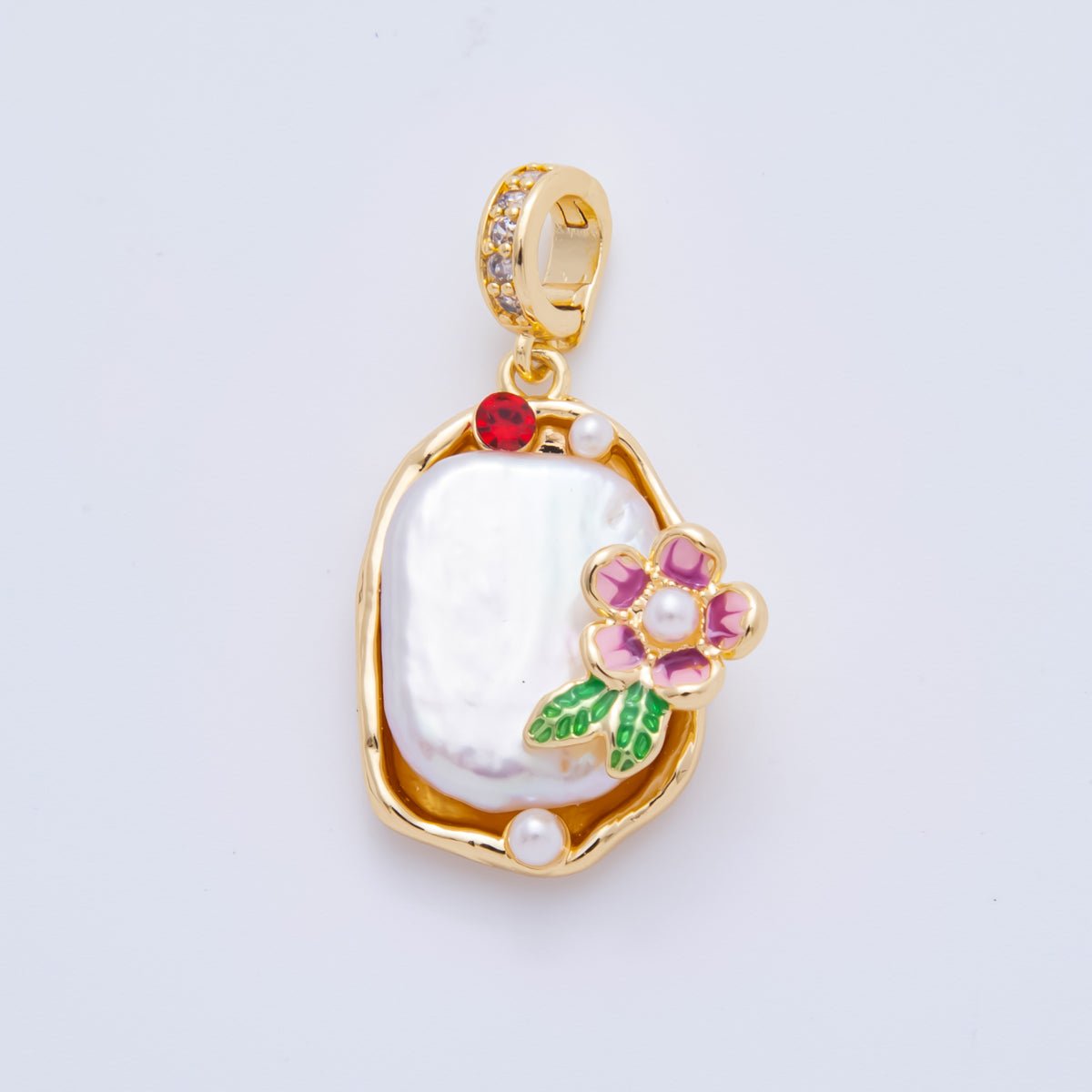 18K Gold Filled 33mm Red Round CZ Enamel Art Shell Pearl Pink Rose Flower Pendant | AH - 817 - DLUXCA