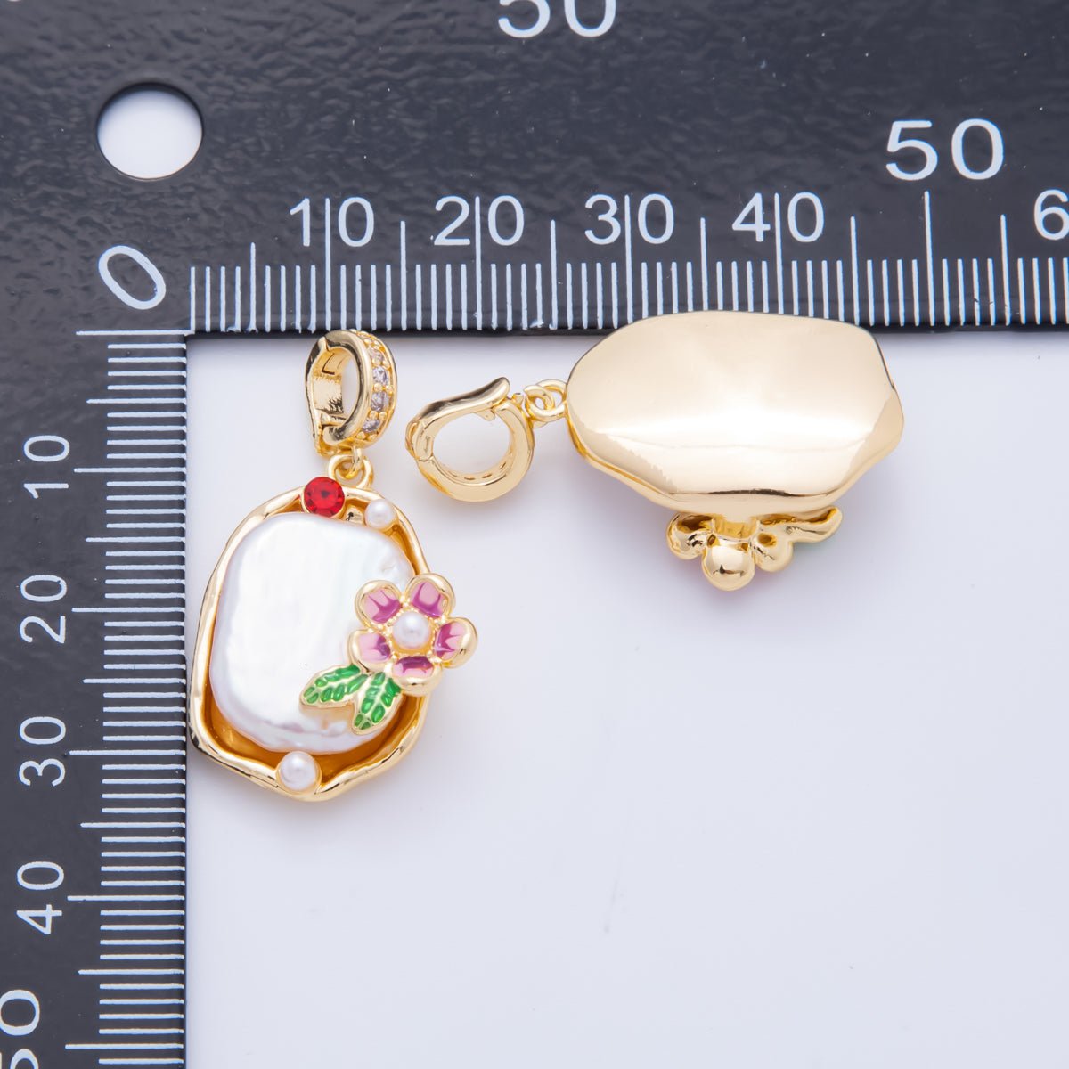 18K Gold Filled 33mm Red Round CZ Enamel Art Shell Pearl Pink Rose Flower Pendant | AH - 817 - DLUXCA