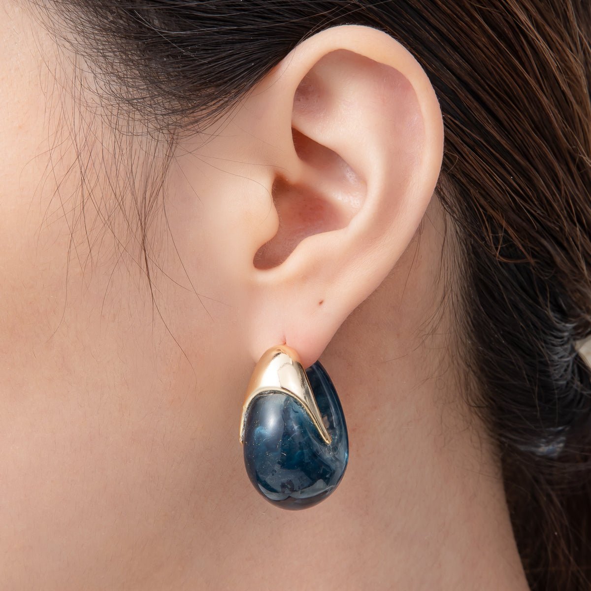 18K Gold Filled 34mm Blue, White, Brown Resin Dreamy Retro J - Shaped Hoop Earrings | AJ249 - AJ252 - DLUXCA