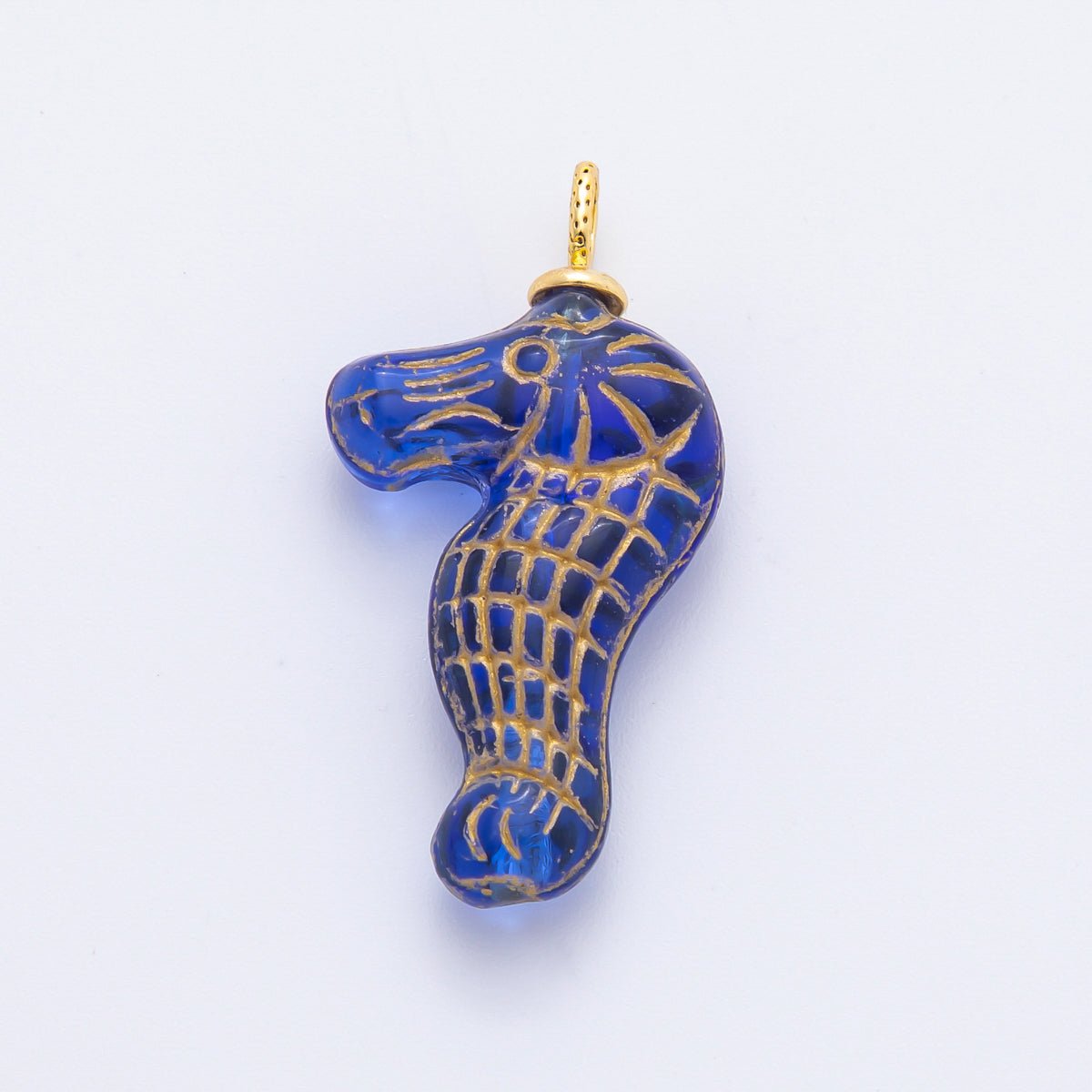 18K Gold Filled 35mm Gold - Lined Seahorse Ocean Animal Czech Glass Charm | AF1342 - AF1347 - DLUXCA