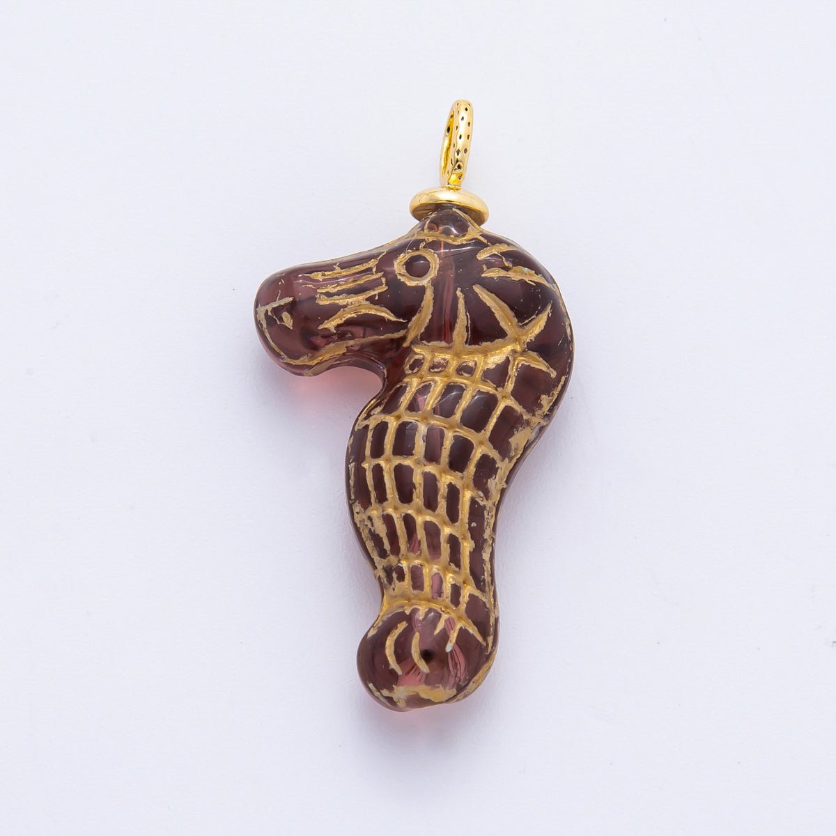 18K Gold Filled 35mm Gold - Lined Seahorse Ocean Animal Czech Glass Charm | AF1342 - AF1347 - DLUXCA