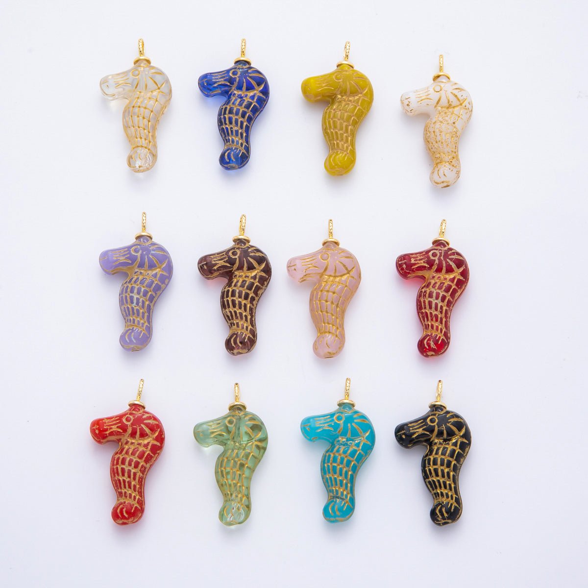 18K Gold Filled 35mm Gold - Lined Seahorse Ocean Animal Czech Glass Charm | AF1342 - AF1347 - DLUXCA