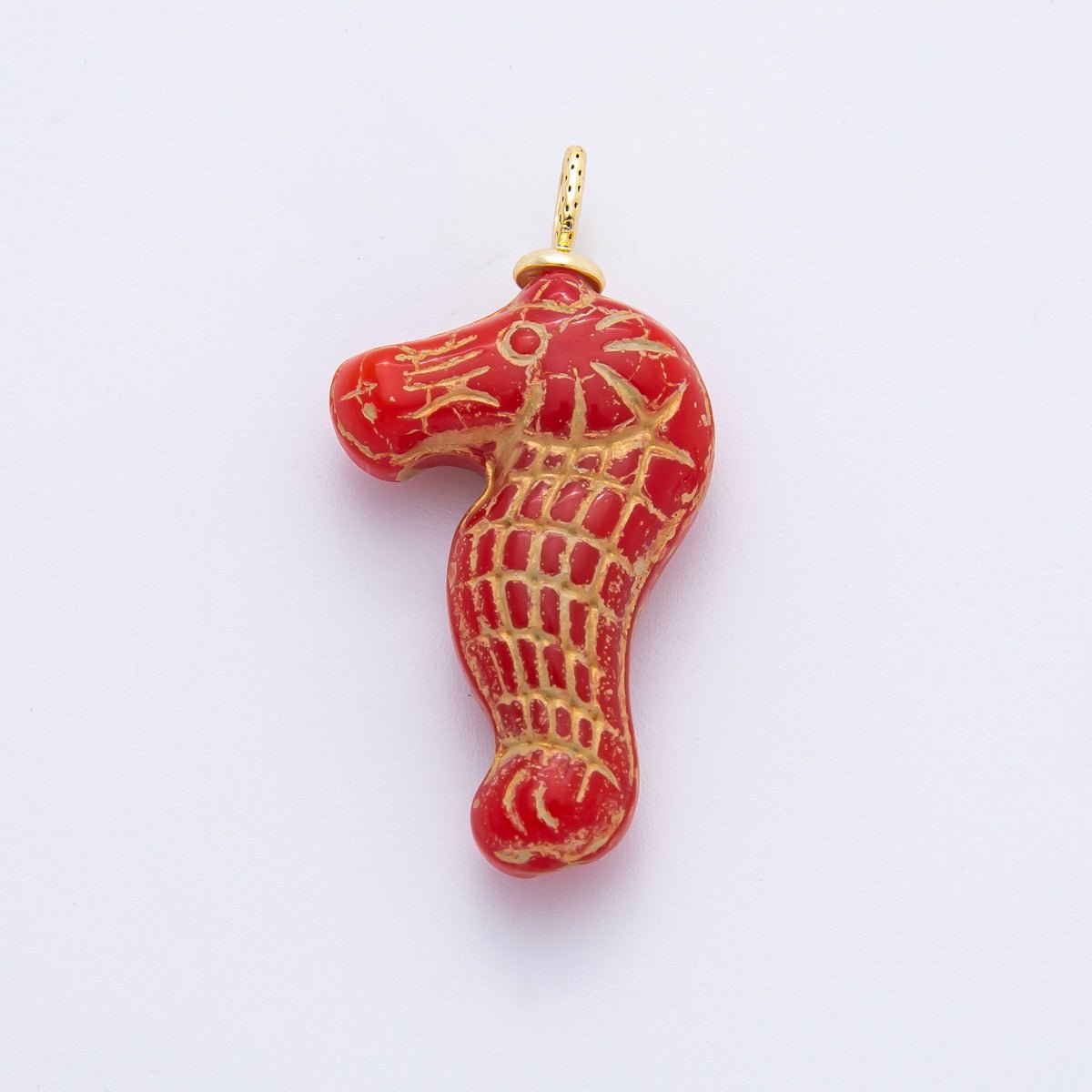18K Gold Filled 35mm Gold - Lined Seahorse Ocean Animal Czech Glass Charm | AF1342 - AF1347 - DLUXCA