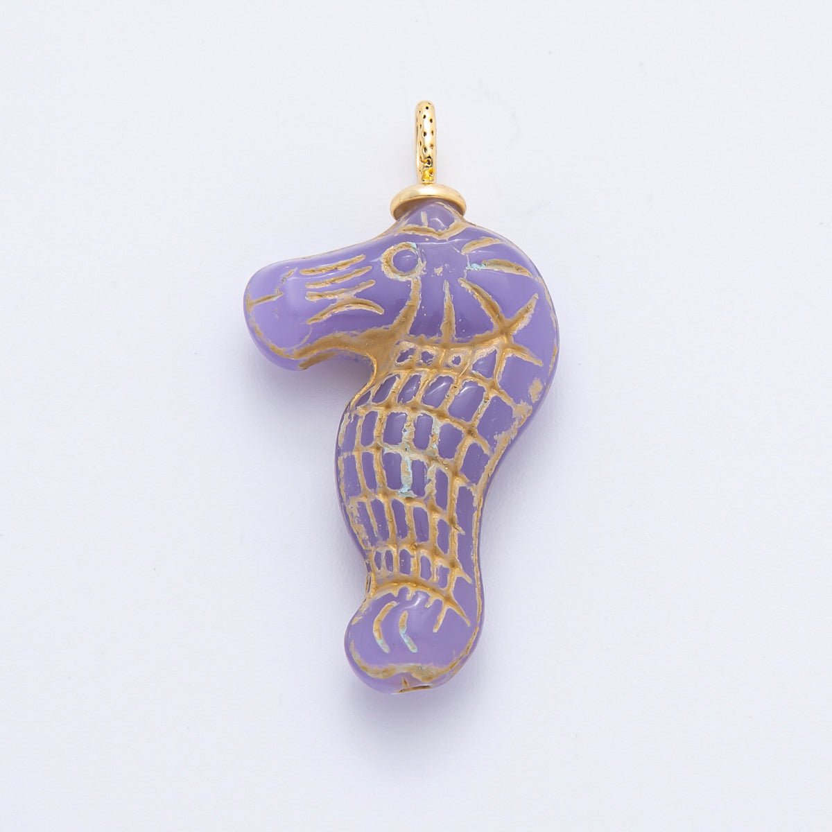 18K Gold Filled 35mm Gold - Lined Seahorse Ocean Animal Czech Glass Charm | AF1342 - AF1347 - DLUXCA