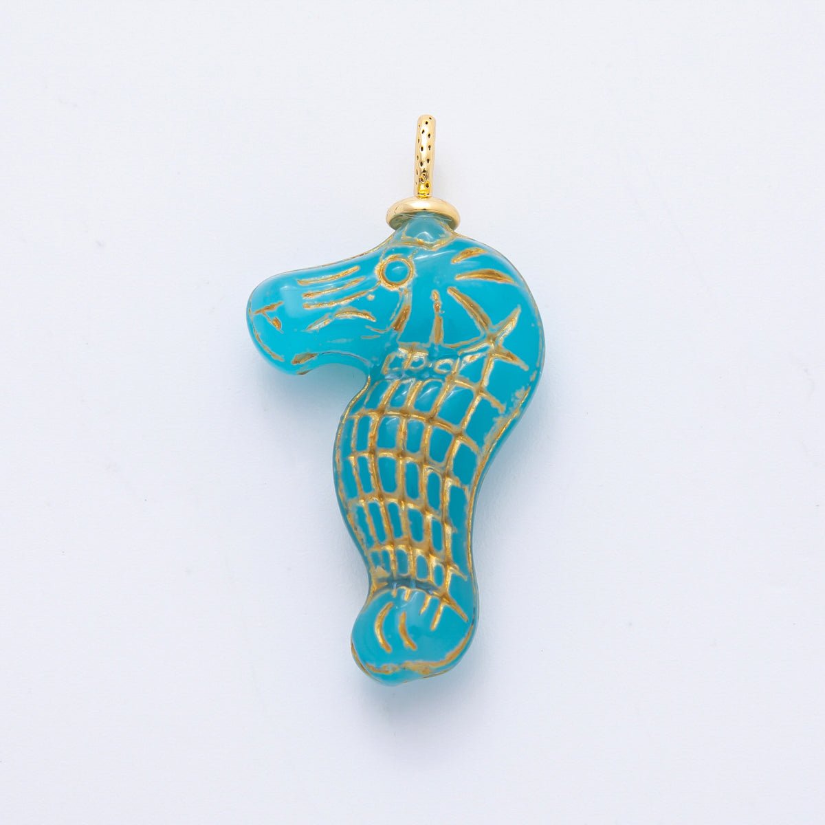 18K Gold Filled 35mm Gold - Lined Seahorse Ocean Animal Czech Glass Charm | AF1342 - AF1347 - DLUXCA