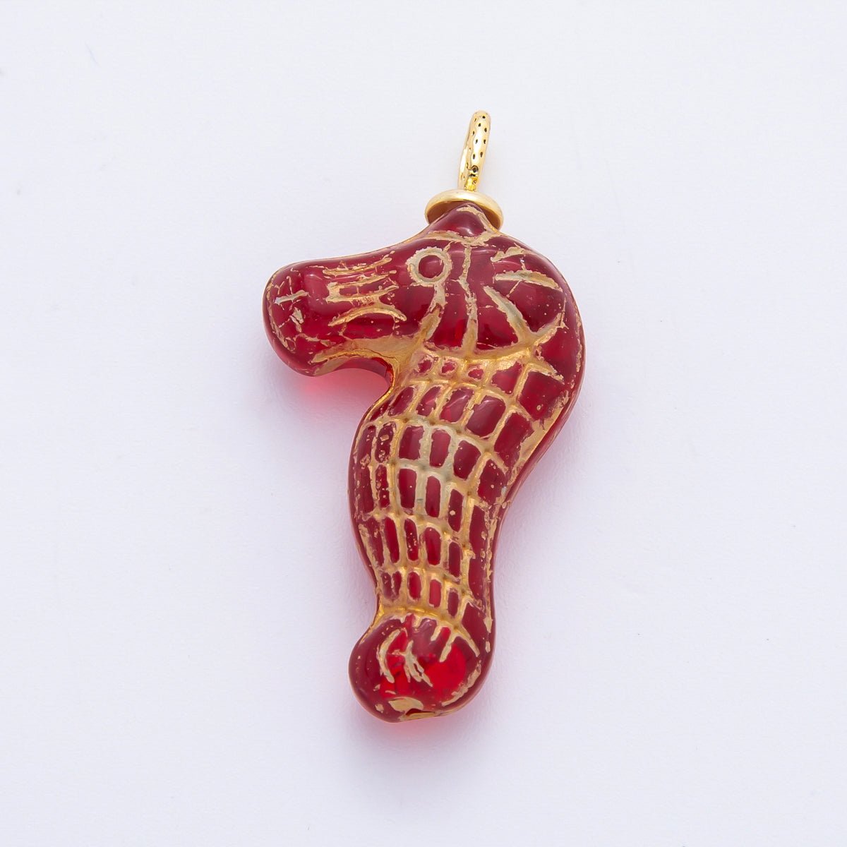 18K Gold Filled 35mm Gold - Lined Seahorse Ocean Animal Czech Glass Charm | AF1342 - AF1347 - DLUXCA