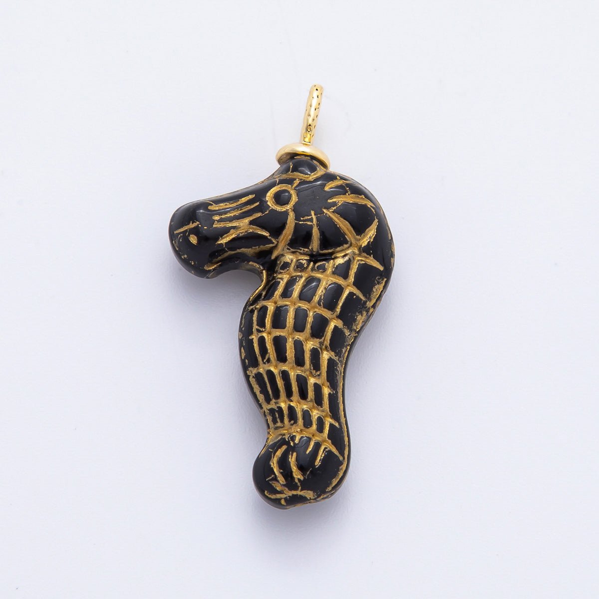 18K Gold Filled 35mm Gold - Lined Seahorse Ocean Animal Czech Glass Charm | AF1342 - AF1347 - DLUXCA