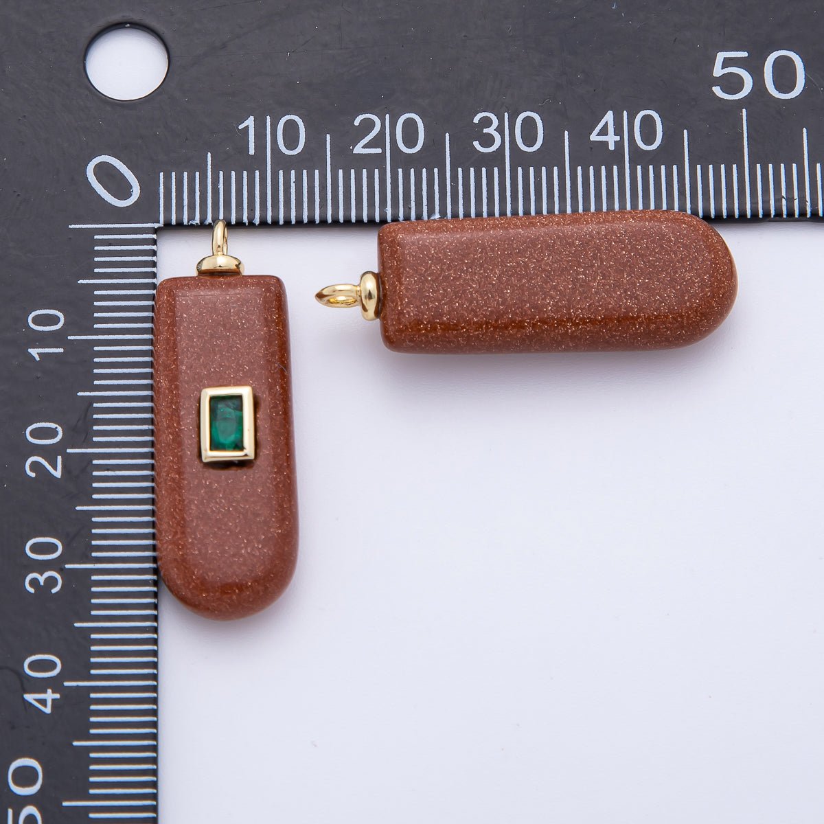 18K Gold Filled 35mm Green CZ Rectangular Accent Capsule Gold Sand Gemstone Drop Charm | AF1335 - DLUXCA