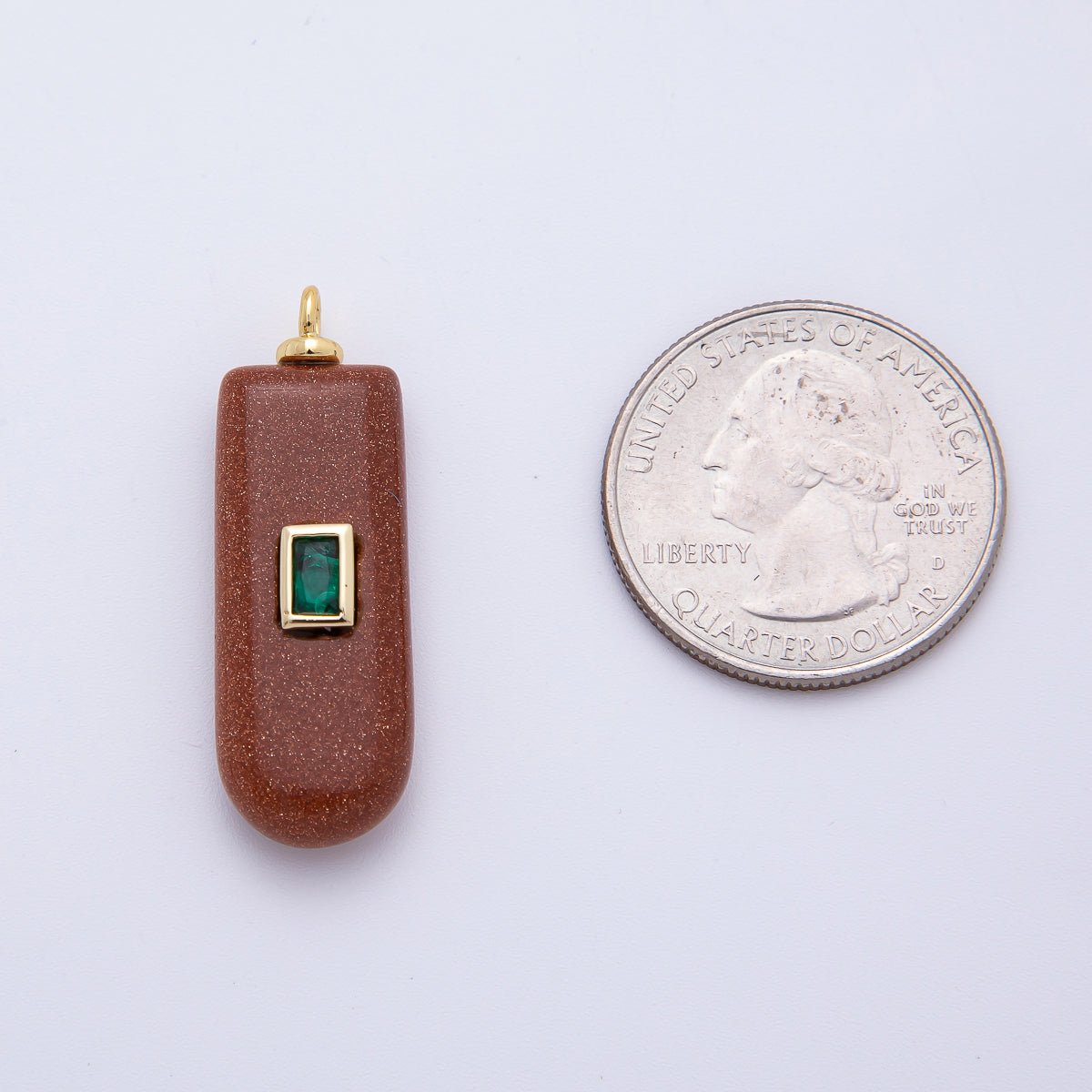 18K Gold Filled 35mm Green CZ Rectangular Accent Capsule Gold Sand Gemstone Drop Charm | AF1335 - DLUXCA