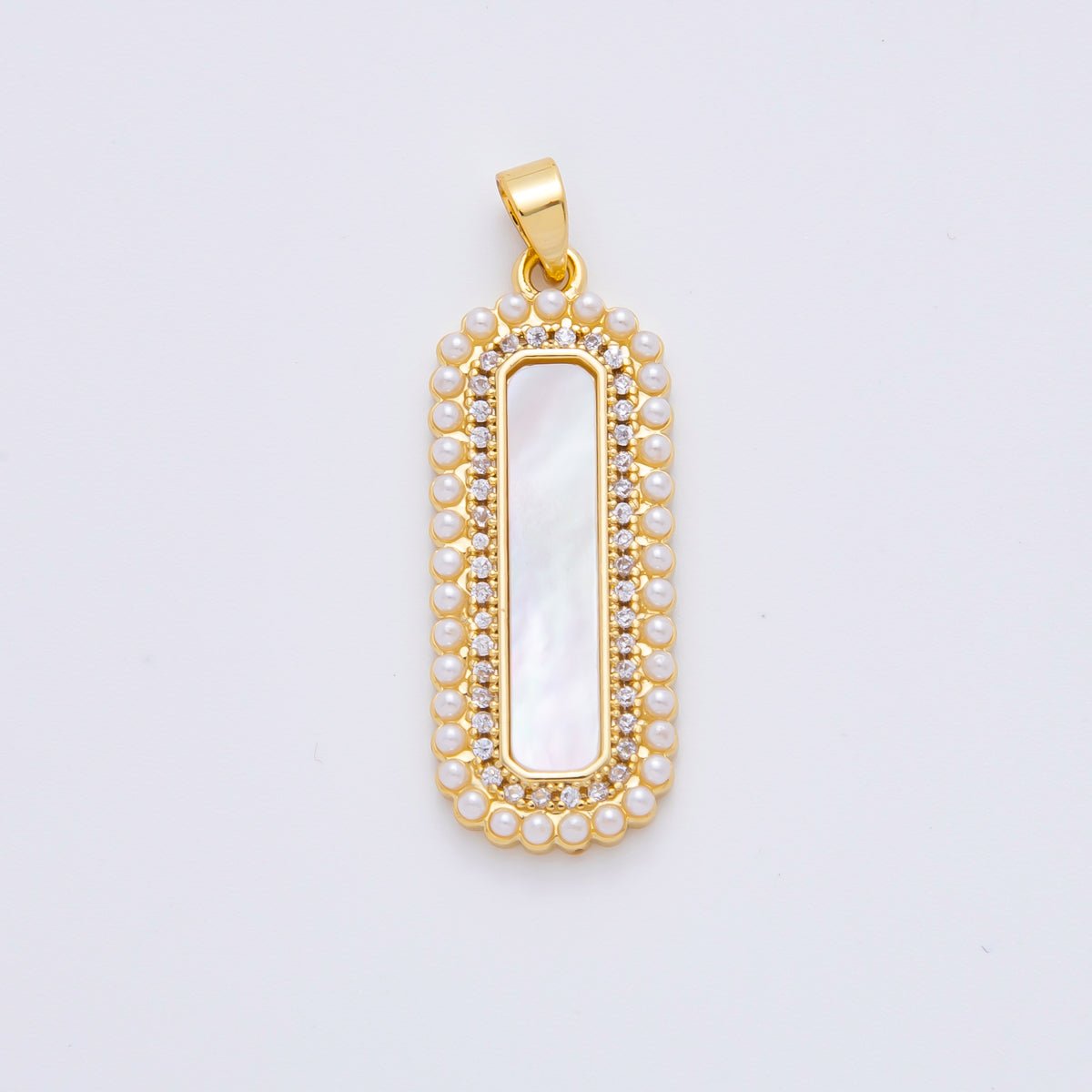 18K Gold Filled 35mm Micro Paved CZ Shell Pearl Long Bar Charm | AF1114 - DLUXCA