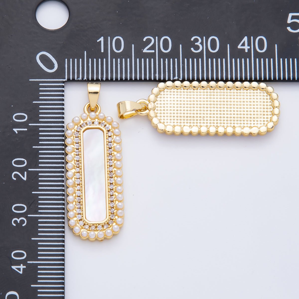 18K Gold Filled 35mm Micro Paved CZ Shell Pearl Long Bar Charm | AF1114 - DLUXCA