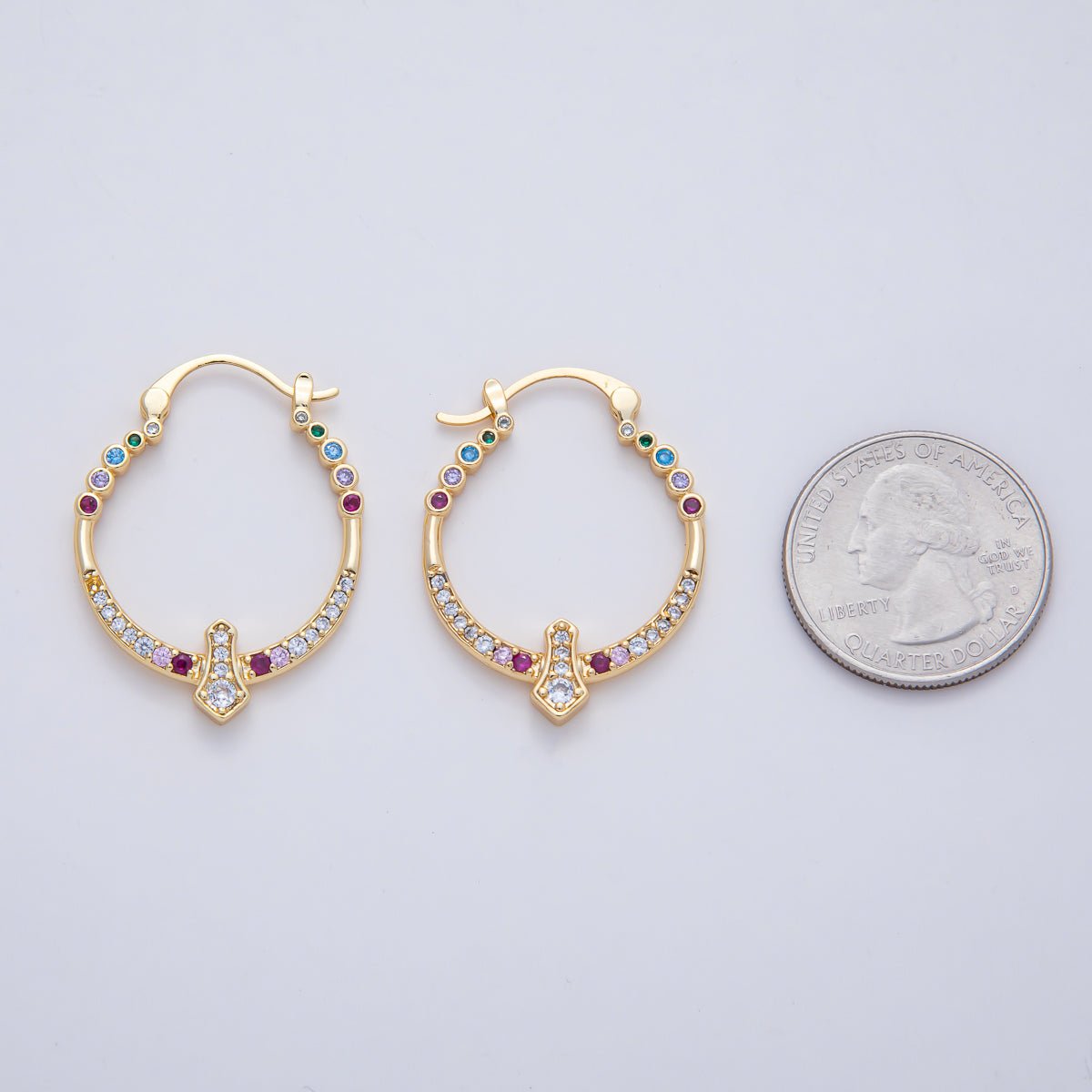 18K Gold Filled 35mm Multicolor Micro Paved CZ Geometric Latch Hoop Earrings | AD1656 - DLUXCA