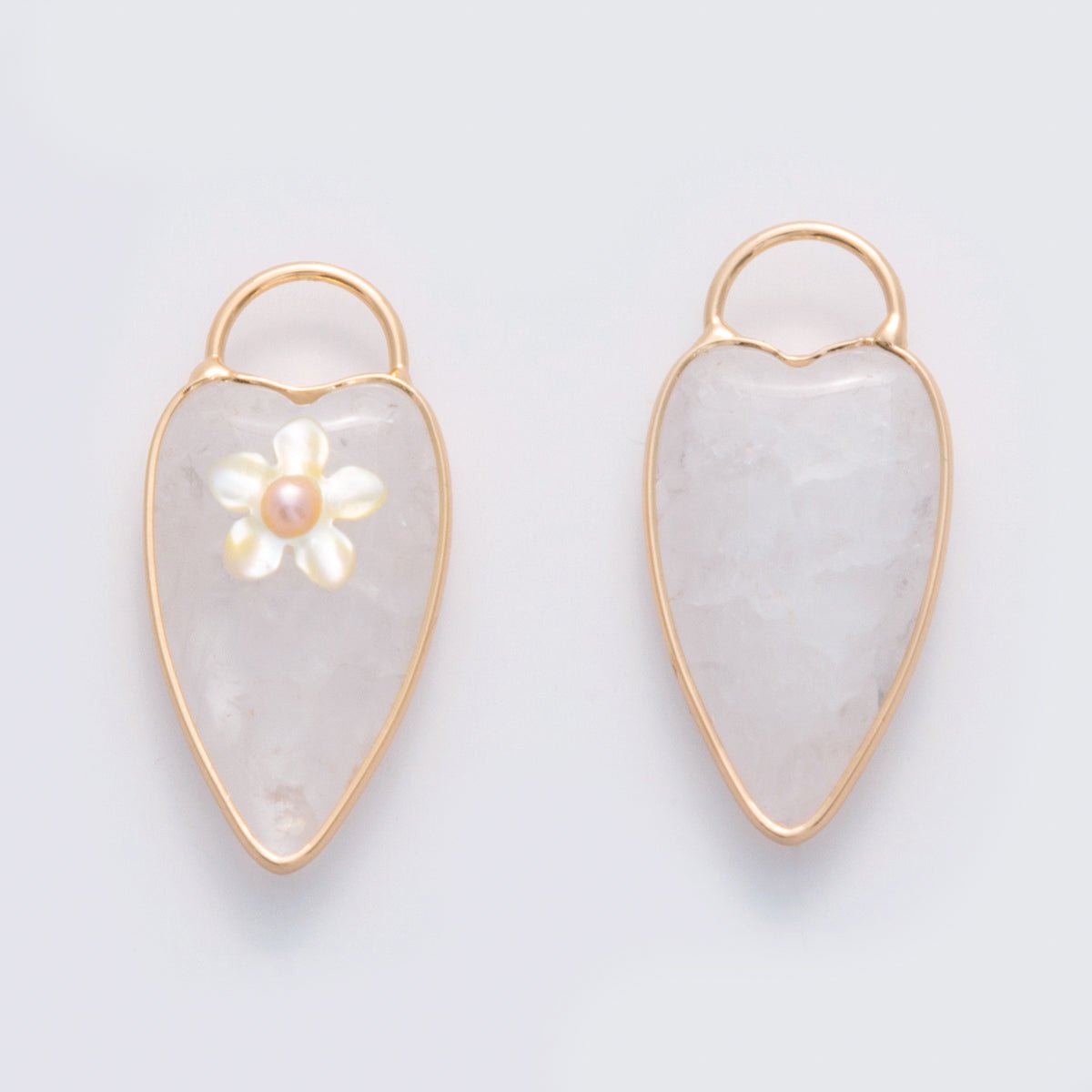 18K Gold Filled 35mm Pearl Flower Clear Quartz Heart Padlock Charm | D640 - DLUXCA