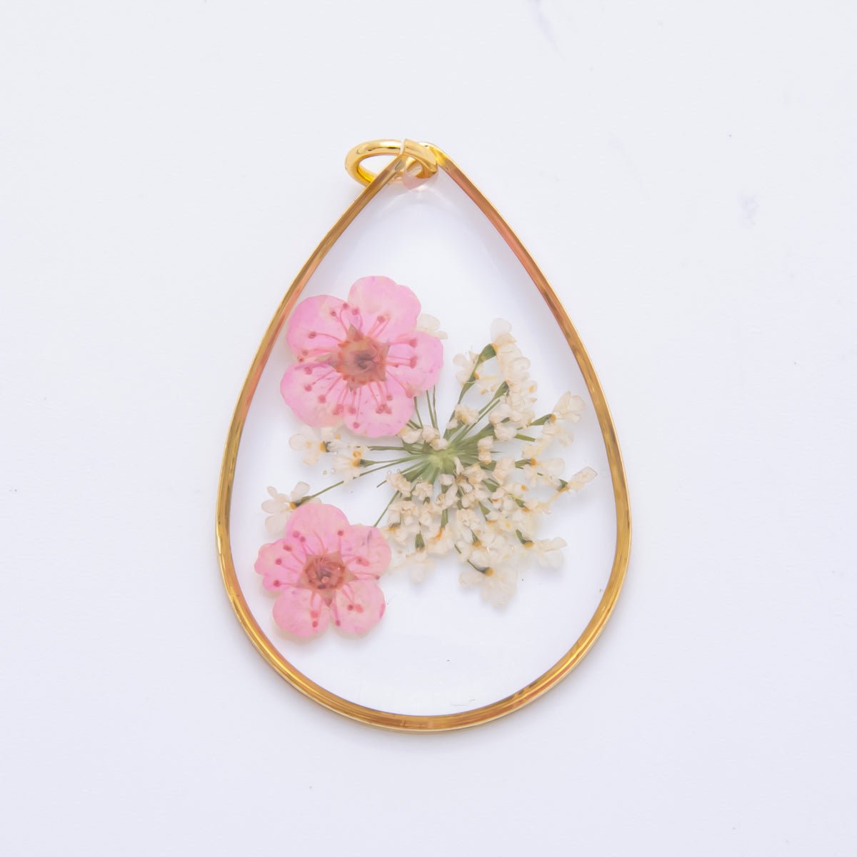 18K Gold Filled 35mm Resin Baby Pink Teardrop Sakura Flower Pendant | AH845 - DLUXCA