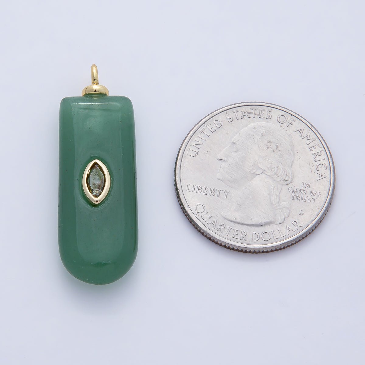 18K Gold Filled 35mm Yellow CZ Green Aventurine Oblong Tube Gemstone Charm | AF1470 - DLUXCA