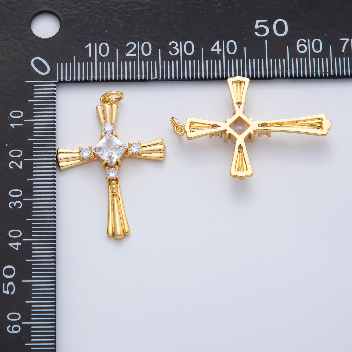 18K Gold Filled 36mm CZ Ribbed Lined Religious Cross Charm | AF1467 - DLUXCA