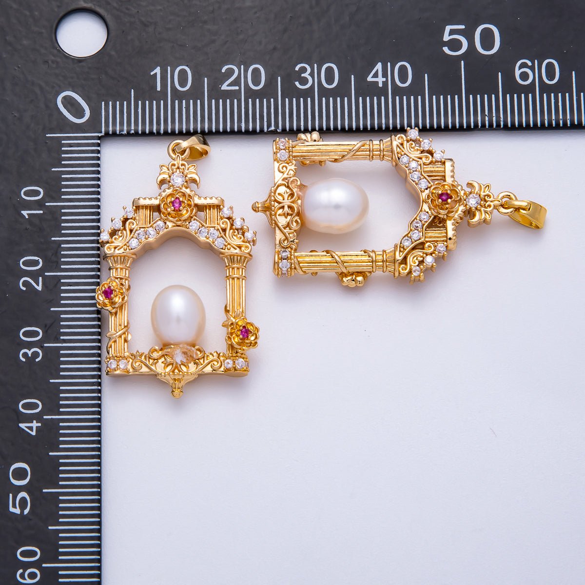 18K Gold Filled 36mm Micro Paved CZ Shell Pearl Artisan Palace Pendant in Gold & Silver | Charms - 00541 Charms - 00542 - DLUXCA