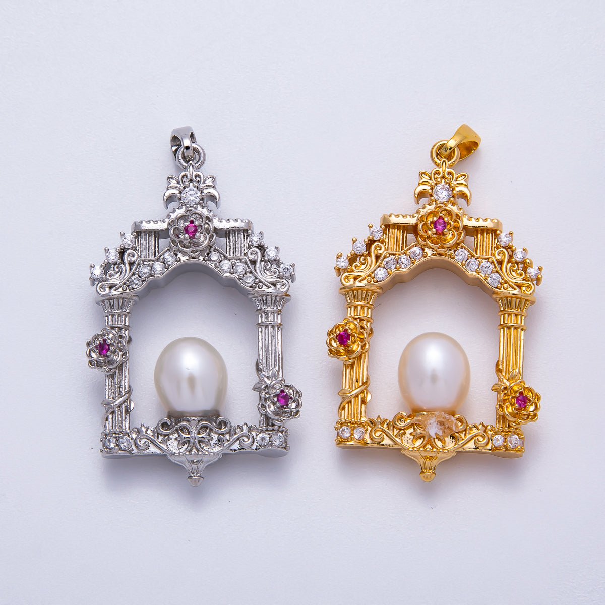 18K Gold Filled 36mm Micro Paved CZ Shell Pearl Artisan Palace Pendant in Gold & Silver | Charms - 00541 Charms - 00542 - DLUXCA