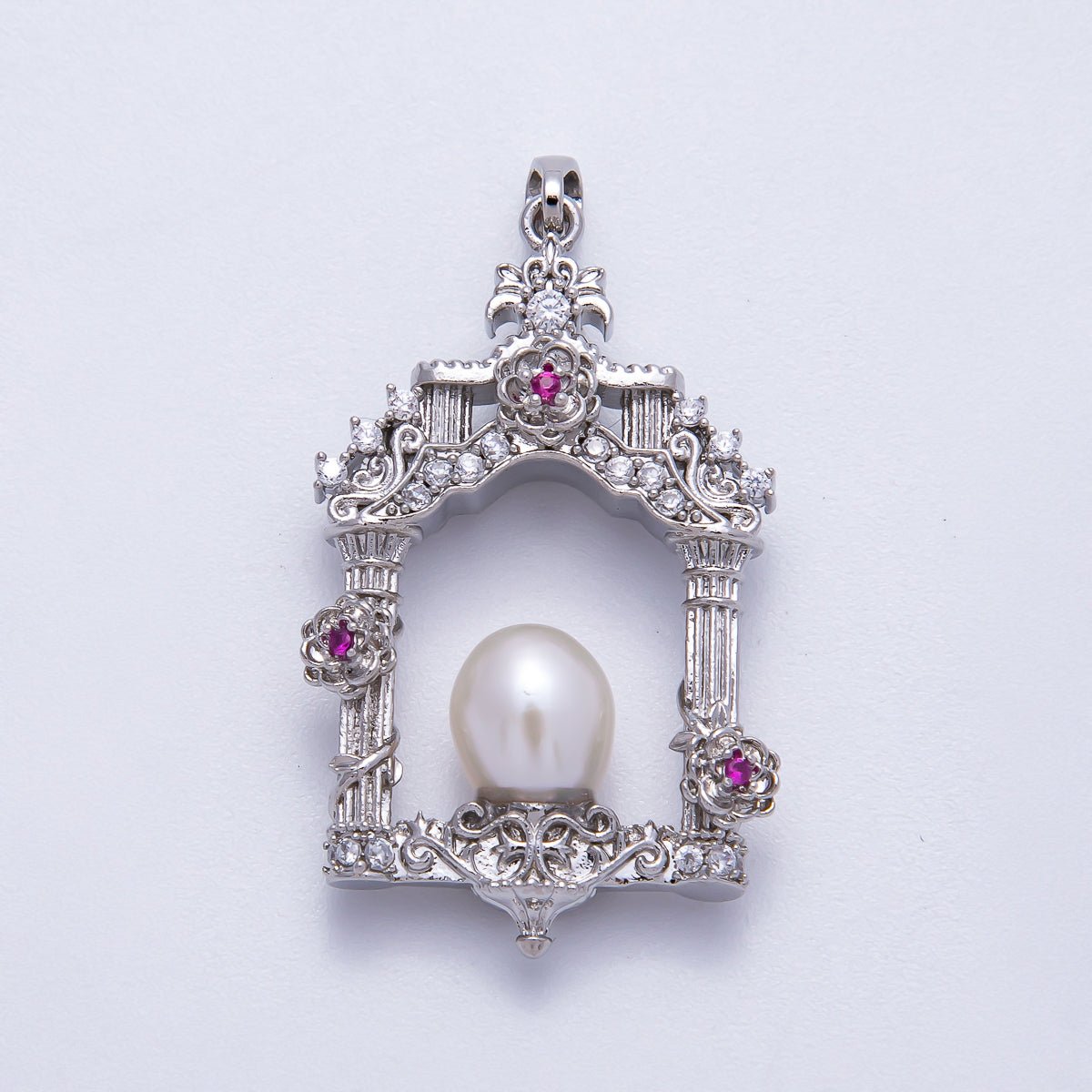 18K Gold Filled 36mm Micro Paved CZ Shell Pearl Artisan Palace Pendant in Gold & Silver | Charms - 00541 Charms - 00542 - DLUXCA