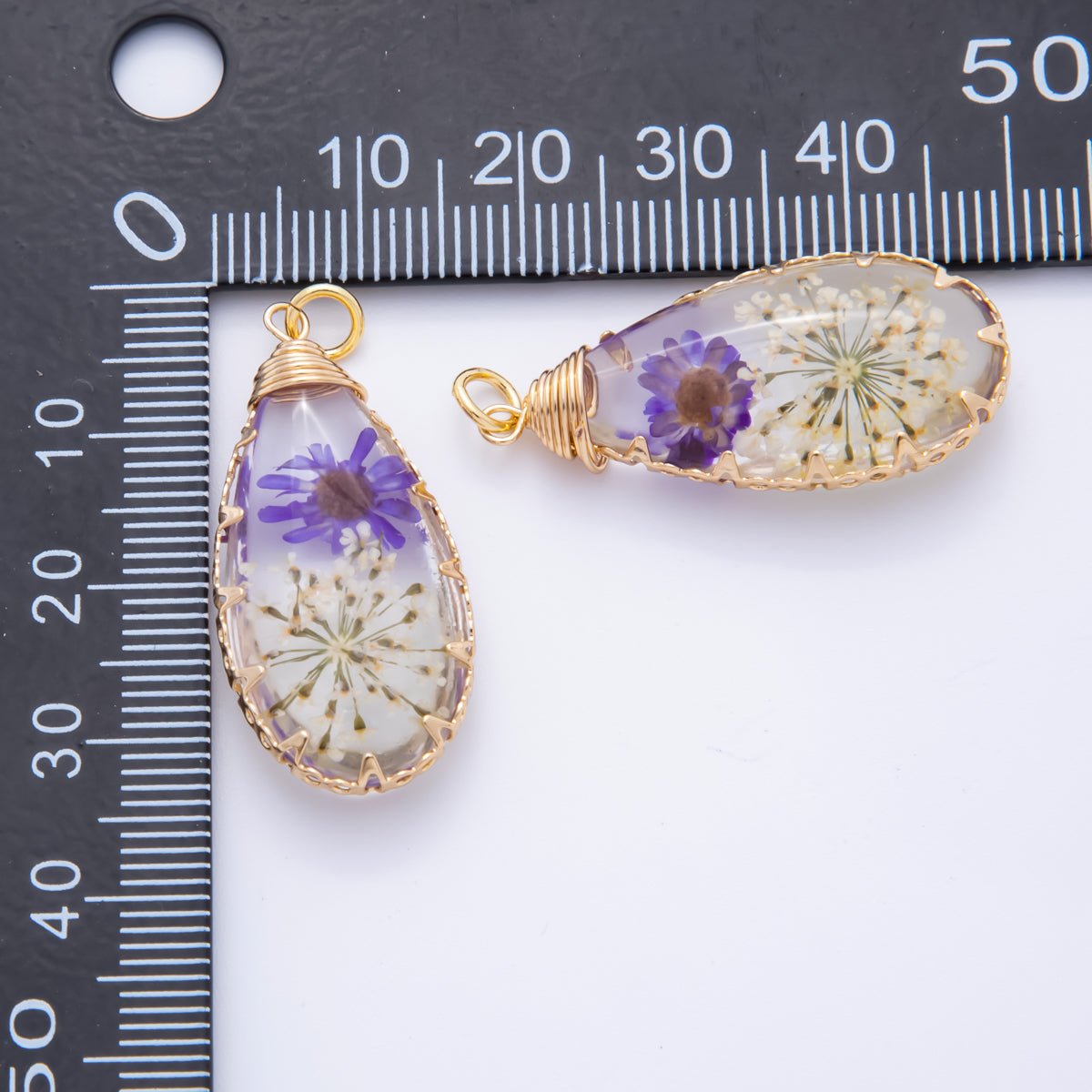 18K Gold Filled 37mm Resin Forest Teardrop Flower Charm | AH853 - DLUXCA