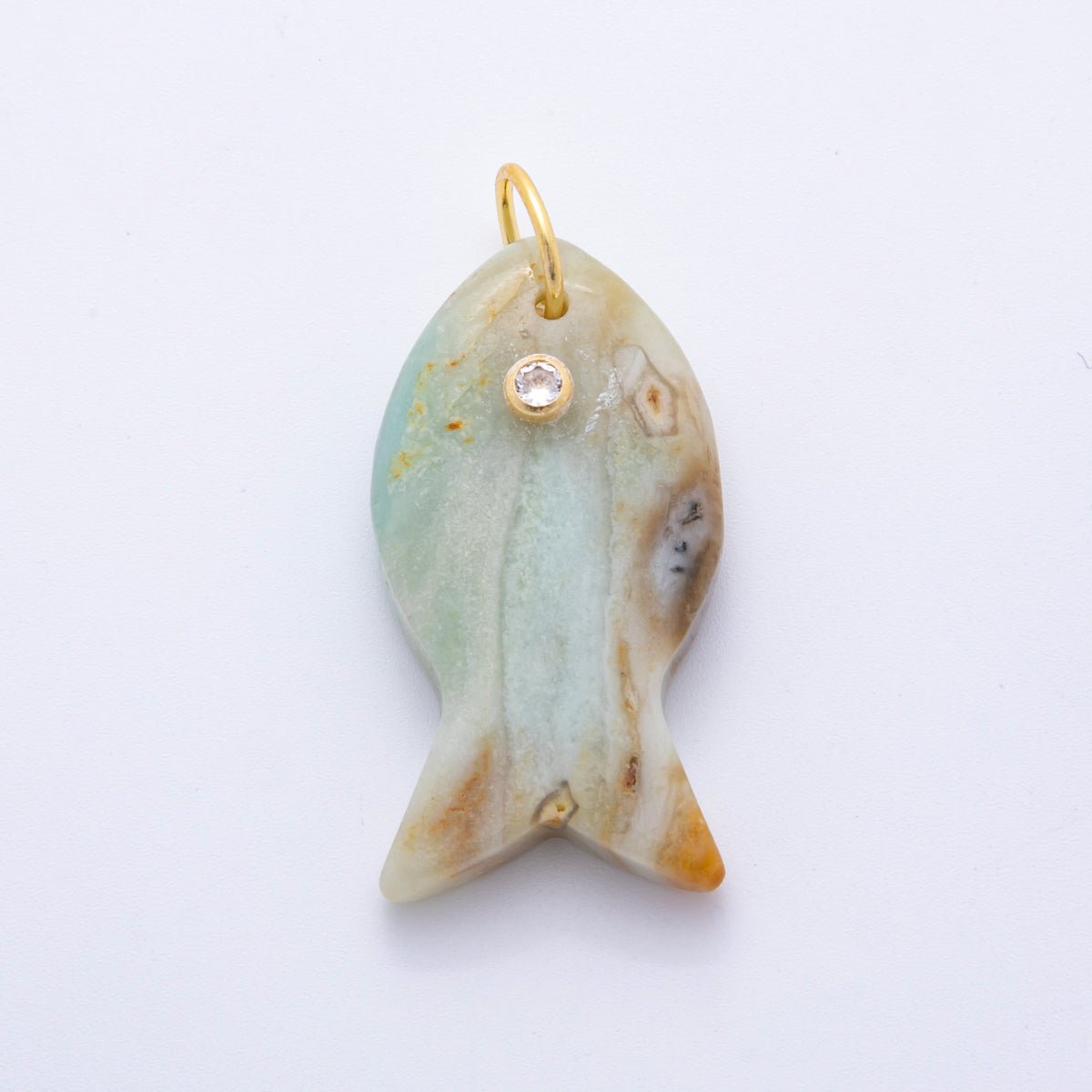 18K Gold Filled 38.8mm Clear CZ Natural Gemstone Fish Charm | D265 - D533 - DLUXCA