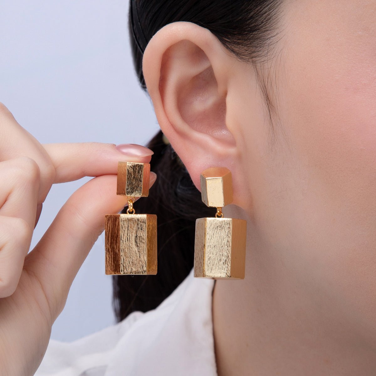 18K Gold Filled 38mm Textured Octagonal Tube Geometric Drop Stud Earrings | T491 - DLUXCA