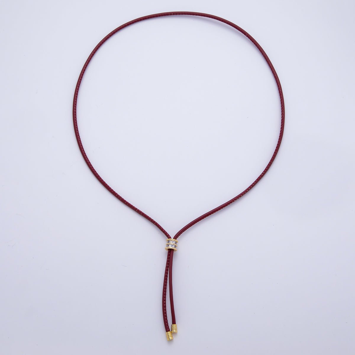 18K Gold Filled 3mm Light Dark Brown, Red Leather Bolo Chain Baguette CZ Bead 18 Inch Necklace | WA - 1387 WA - 1391 WA - 1398 - DLUXCA