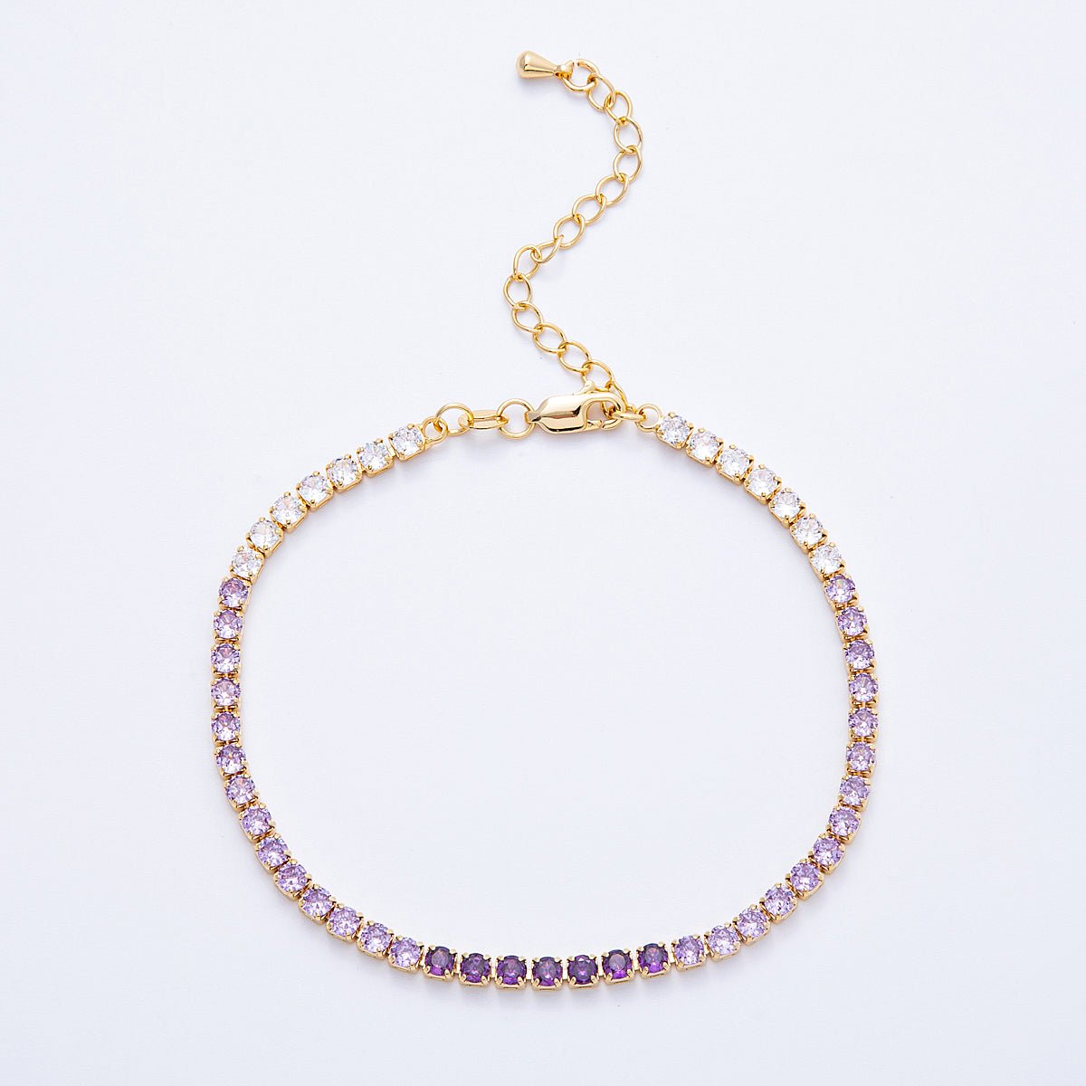 18K Gold Filled 3mm Purple, Green, Pink, Blue CZ Gradient Tennis Chain 7.87 Inch Bracelet w. Extender | WA - 04222 - DLUXCA