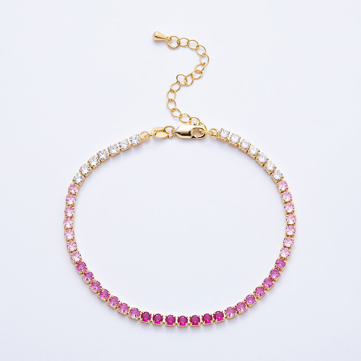 18K Gold Filled 3mm Purple, Green, Pink, Blue CZ Gradient Tennis Chain 7.87 Inch Bracelet w. Extender | WA - 04222 - DLUXCA